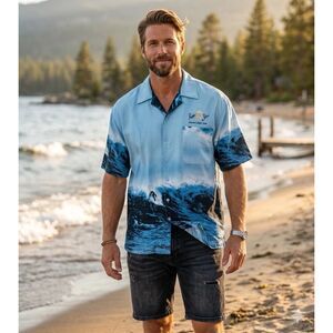 Lariat Saloon Grand Lake CO Big Wave Beach Camp Shirt Mens 2XL Surf Wave Vintage
